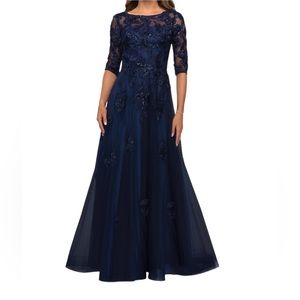 La Femme Midnight Blue Lace Maxi Dress